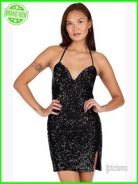 Sequin Halter Mini Dress with Side Slit, Party Bodycon Dress